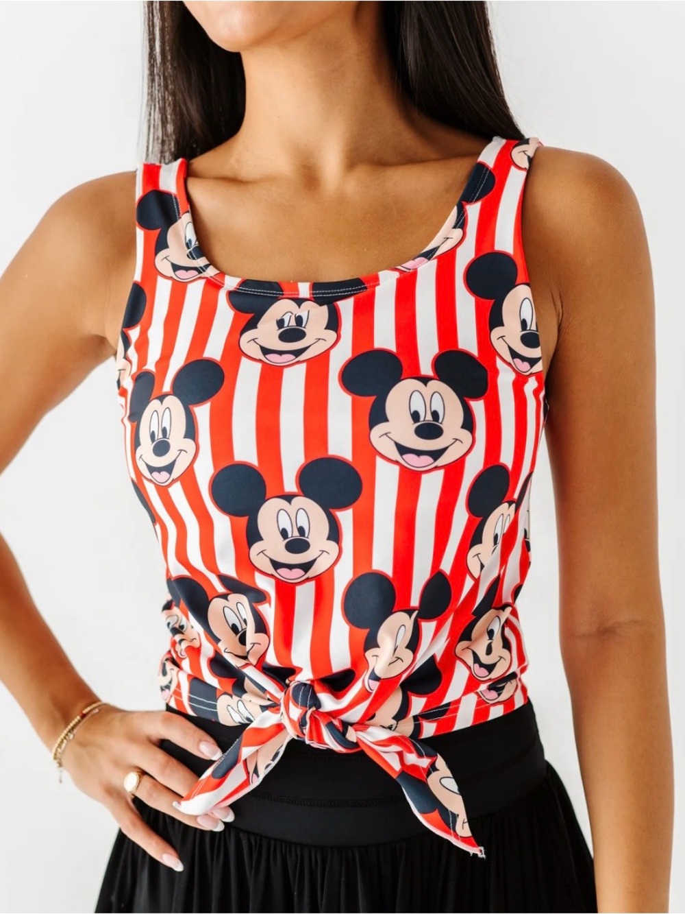 Striped Red & White Mickey Print Tie-Front Tank Top